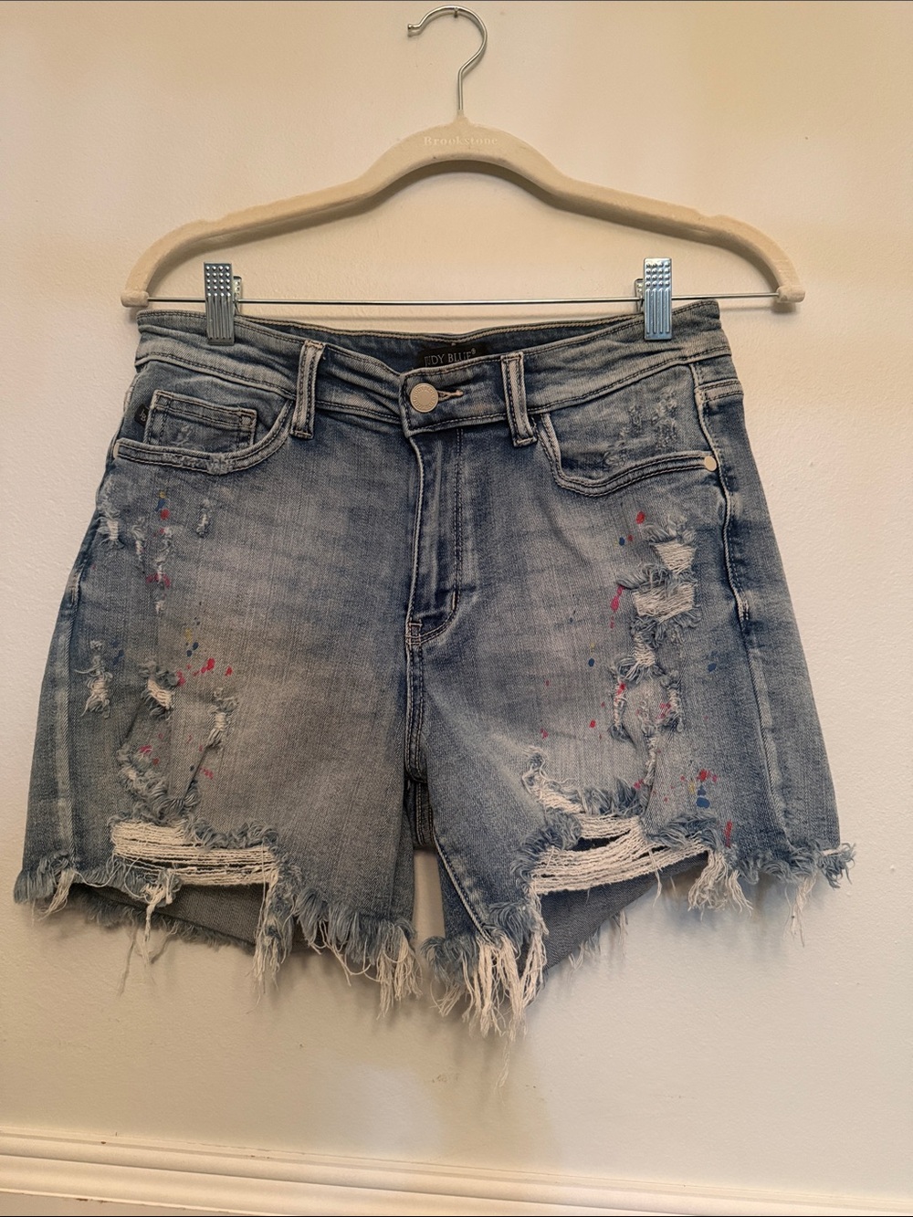 Judy Blue Light Blue Distressed Denim Shorts with Paint Splatters